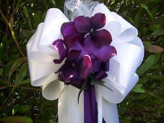   (Silver or Ivory) Wedding Pew Bows*Deep Dark Purple Hydrangea*Ivy
