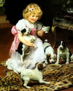   c19th Victorian Girl Pink Sash Tea Party Jack Russell Terrier Dog Pup
