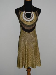   Orozco Greece Harvest Gold Halter Sun Dress Sz S Crocheted Knit