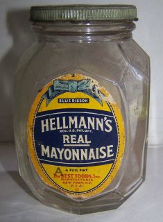 1930s HELLMANS MAYONNAISE JAR with Original Label