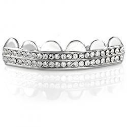 ICED OUT 2 ROW SILVER TOP & BOTTOM HIP HOP BLING GRILLZ SET