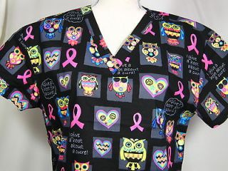   Nursing Scrubs Top Owl Pink Ribbon Hoot For A Cure Black MEDIUM