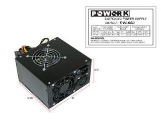 PoWork Black ATX Dual Fan 650W Silent Power Supply w/20 24pin SATA PCI 