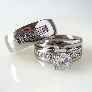 3pcs HIS HERS WEDDING RING SET MATCHING BAND MENS and WOMENS Stainless 