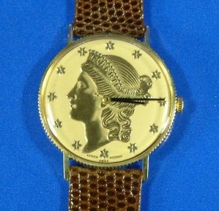 Vintage Mens Lucien Piccard Liberty Coin Face Watch 14K Gold 17 