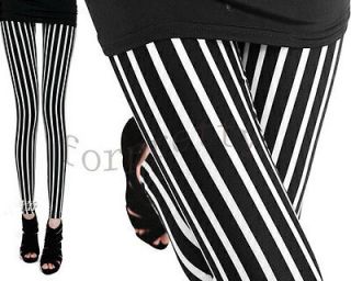 Black White Vertical Stripe Leggings Tights Girl Women Pant K201L
