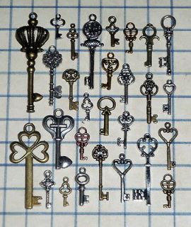   Vtg old look skeleton key lot pendant heart bow lock steampunk jewelry