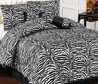  Essential Home Zebra PrinT Fauxfur Comforter w/Curtain Set BLACK Queen