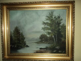   Victorian Rowboat on Peaceful LAKE Landscape 19C Original OIL Painting