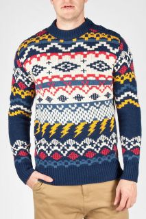 MENS MIDNIGHT BLUE FLY53 FAIR ISLE CREW NECK CATTERICK KNITTED JUMPER 