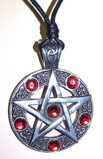 PEWTER Pentacle PENTAGRAM NECKLACE PENDANT RED STONES Witch 