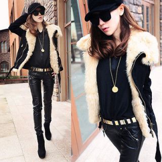 Luxurious Winter Womens Coat Motorcycle Jacket Fur Collar PU Leather 