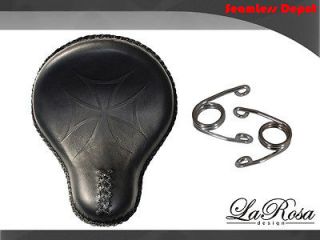   Black Leather Iron Cross Design Harley Chopper Spring & Solo Seat Kit