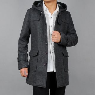Men Pea Coat, Hood,M,L,XL,XX​L,in Grey,Black, Wool Blend