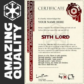 Star Wars SITH LORD Certificate, Ubeliveable Quality with HOLOGRAM 