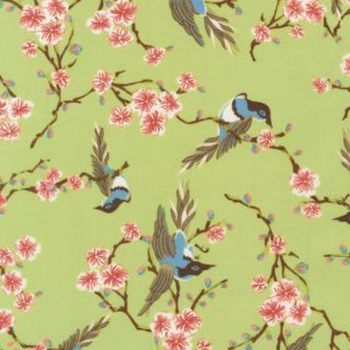 swallows and cherry blossoms asian theme fabric on green time