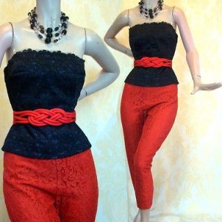 Vintage 50s PINUP Black Lace BUSTIER Red Capri Pants Belt Holiday 