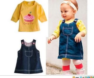 NWT Girls Baby Cute Cotton Long sleeve Top Shirt Jean Suspender Skirt 
