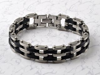 New High Quality Rubber Mens Stainless Steel Chain Bracelet Silver 