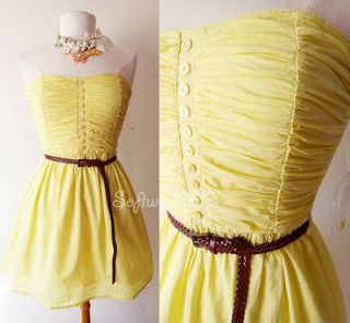 NEW Yellow Ruched/Button Detail Sweetheart Strapless Cotton Dress 