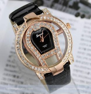 Women Transparent Luxurious Classic Lady Crystal Black Quartz Wrist 