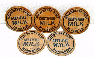 1960s MEADOWLARK Dairy~Pleasant​on, CA~Qty 5~Milk Caps