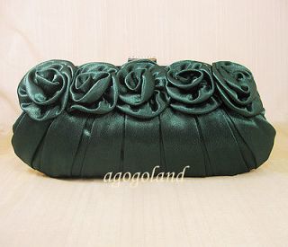 Dark Green Satin Flowers Purse   Crystal Clasp Evening Handbag Clutch 
