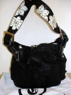 Tylie Malibu Black Utility Bag Swarovski Leather Handbag Flower Strap 