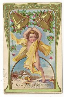   YEAR POSTCARD CHILD BABY GOLD BELLS HOLLY SNOW HOUSE LAKE DOCK 1914