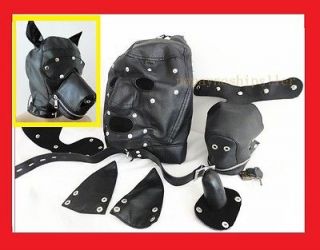 LEATHER GIMP DOG Puppy Hood Full Mask Mouth Gag BONDAGE Costume 