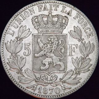 1870 vf++ belgium silver 5 francs km 24 
