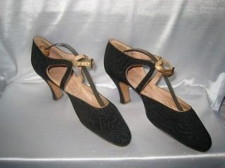 Vtg Art Deco 1920s Womens Shoes Black High Heels Moire Silk With 