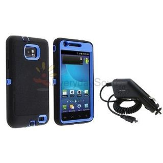 Black Blue Double Layer Hard Case+Car Charger For Samsung Galaxy S2 