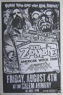 Rob Zombie Anthrax White Zombie Rare Salem Armory Concert Flyer Gig 