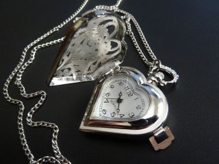 Vintage Style Antique Silver Heart Locket Pocket Fob Watch Necklace