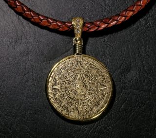 Legendary Aztec Sun Calendar Stone Medallion Pendant w/ 6mm Leather 