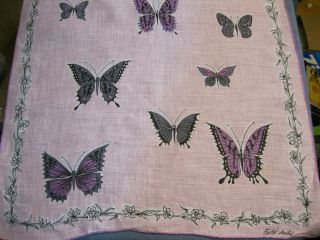 Vintage Soft Pink Linen Handkerchief Hankie Purple Butterflies Faith 