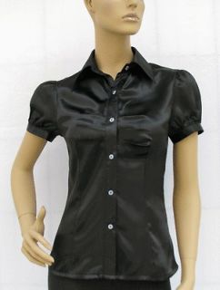 bl351 black satin button down shirt top blouse size s