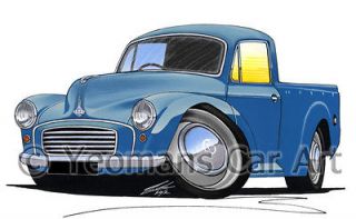 morris minor pick up blue caricature car art a4 print