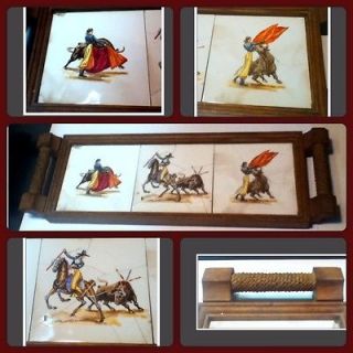 SPANISH Serving Tray~3 tiles,bull Fighting, Center Tile Broken, Fixed 