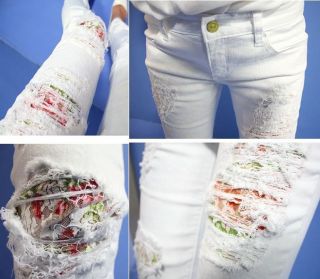 ripped white skinny jeans floral lace uk 6 8 10 12