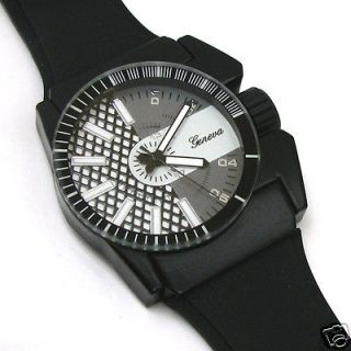 BLACK & WHITE Large Case Geneva Silicone Rubber Band Sport Mens WATCH