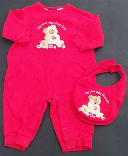   Day Outfit + Bib Girls Size 3 6 Months Baby Infant Bear Red