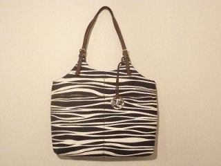 Michael Kors Tribal Zebra Pocket Tote Cotton Leather Canvas Black 