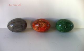 Set Of 3 Green Grey Red Decorative Granite Stone Alabaster Marble Eggs
