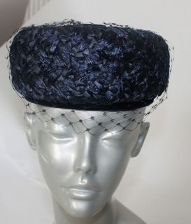 vintage 50s navy blue netting straw pill box hat returns