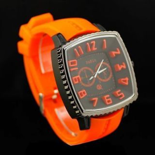   Mens Big Square Face Rubber Silicone Band Quartz Wrist Watch Orange