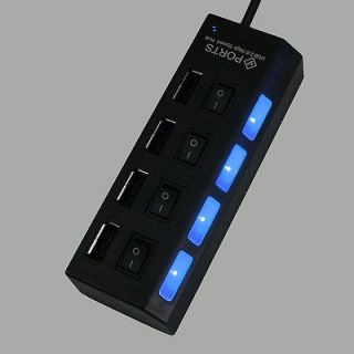   LED Light On/Off Switch High Speed Mini 4 Ports USB 2.0 Hub Adapter