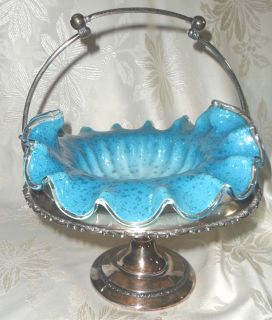   ART GLASS BLUE RUFFLED BOWL + SILVERPLATE MERIDEN CO. BRIDES BASKET