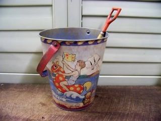 Vintage Look Tin Food Safe Beach Sand Pail Bucket w/ Shovel Ocean Toy
